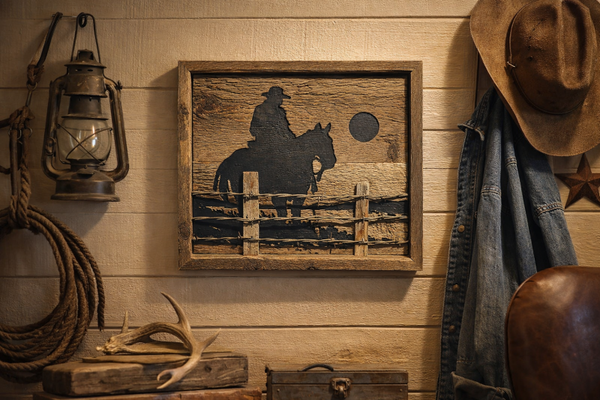 Handmade Reclaimed Wood Western Wall Art - Silhouette Cowboy on Horse with Real Barbed Wire Accent - Rustic Cabin & Lodge Decor