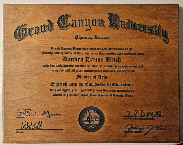 CNC Engraved Wood Diploma, Personalized Graduation Gift (9x12)