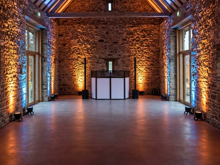 Publikum vor einer großen Bühne mit Lautsprechern und beeindruckender Lichttechnik – Eventatmosphäre mit professioneller Audio- und Lichttechnik von Eventglanz Krämer