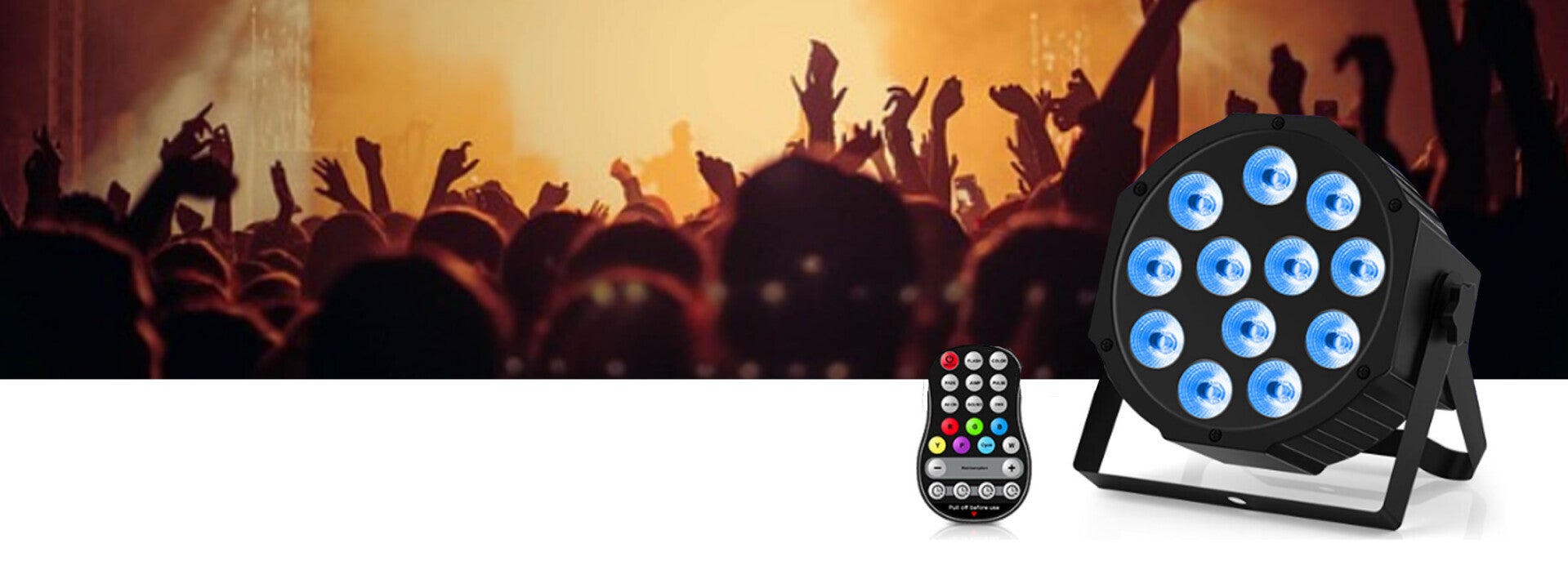 LED-Scheinwerfer mit Fernbedienung im Vordergrund – Perfekte Beleuchtung und Lichttechnik für Events, unterstützt von Eventglanz Krämer, mit begeistertem Publikum im Hintergrund
