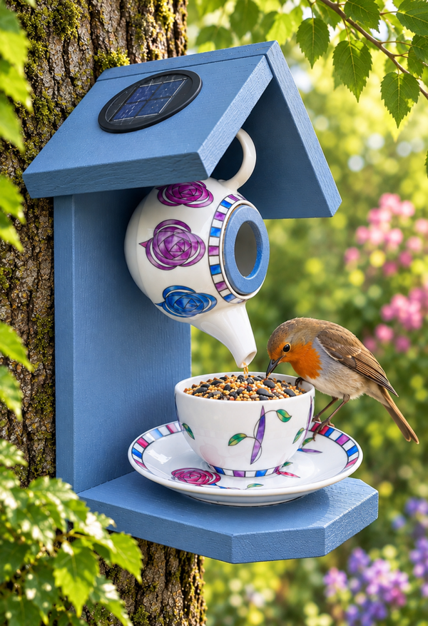 Beautiful teapot set garden feature bird feeder with SOLAR LIGHT