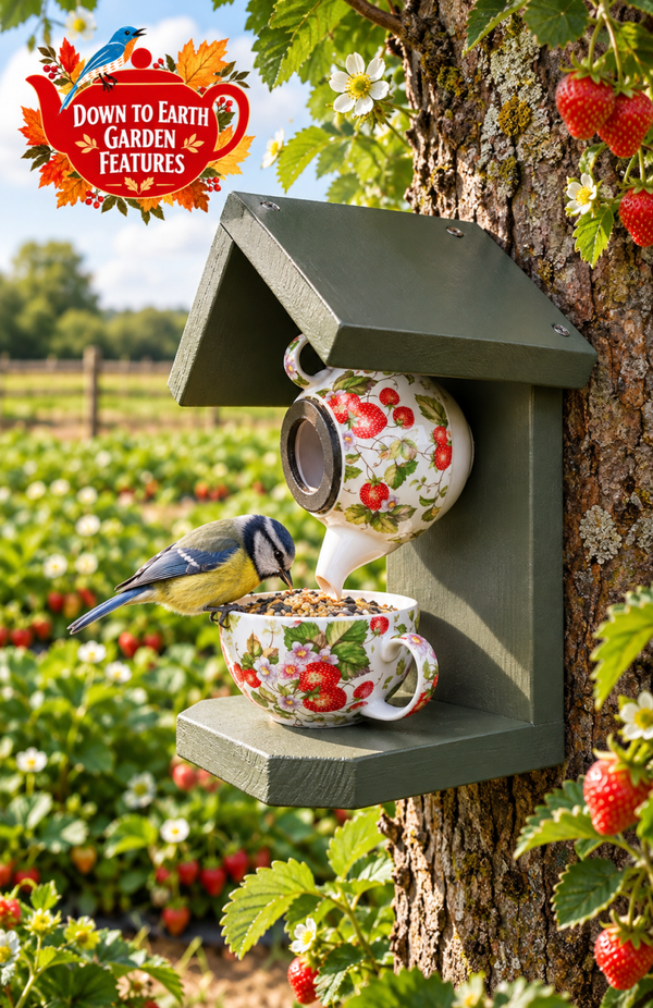 Strawberries themed teapot set garden feature bird feeder