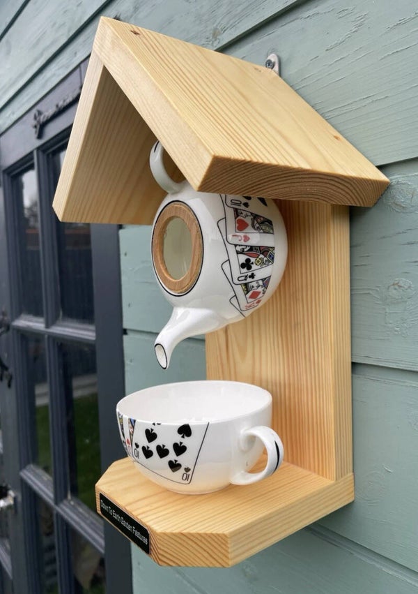 Playing cards themed teapot set garden feature bird feeder