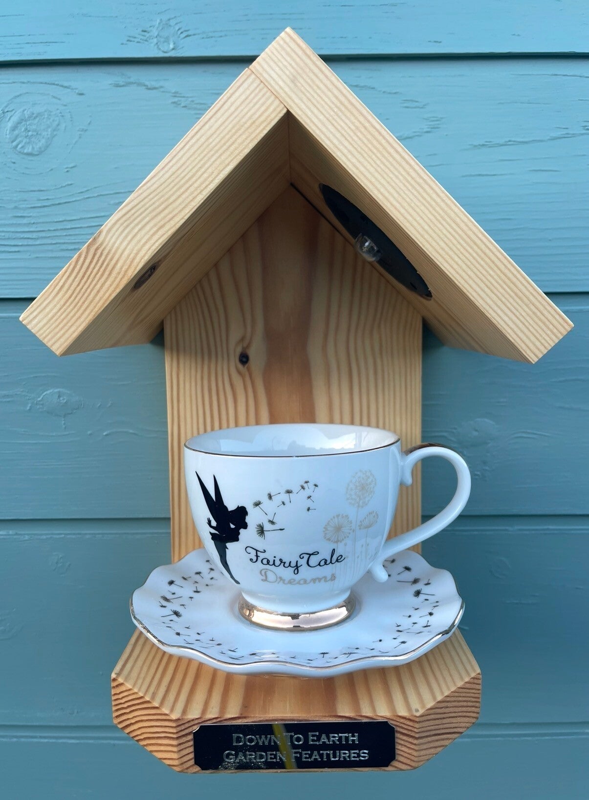 Tinkerbell teacup and saucer garden feature bird feeder with SOALR light