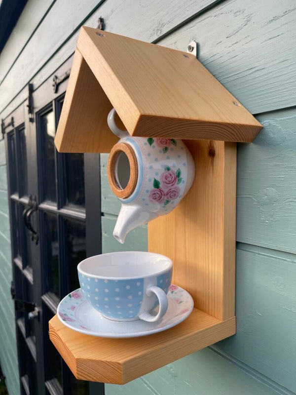 Pink floral teapot set garden feature bird feeder