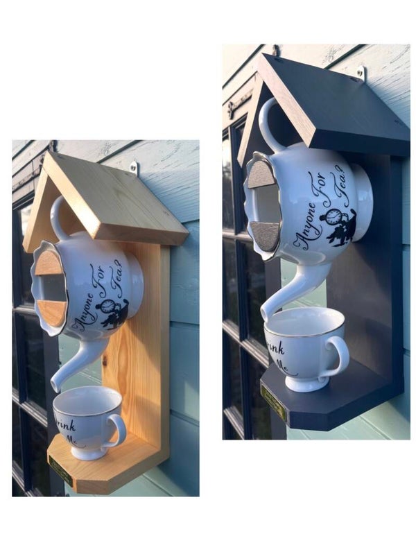 Alice in Wonderland Anyone for tea teapot set garden feature bird feeder