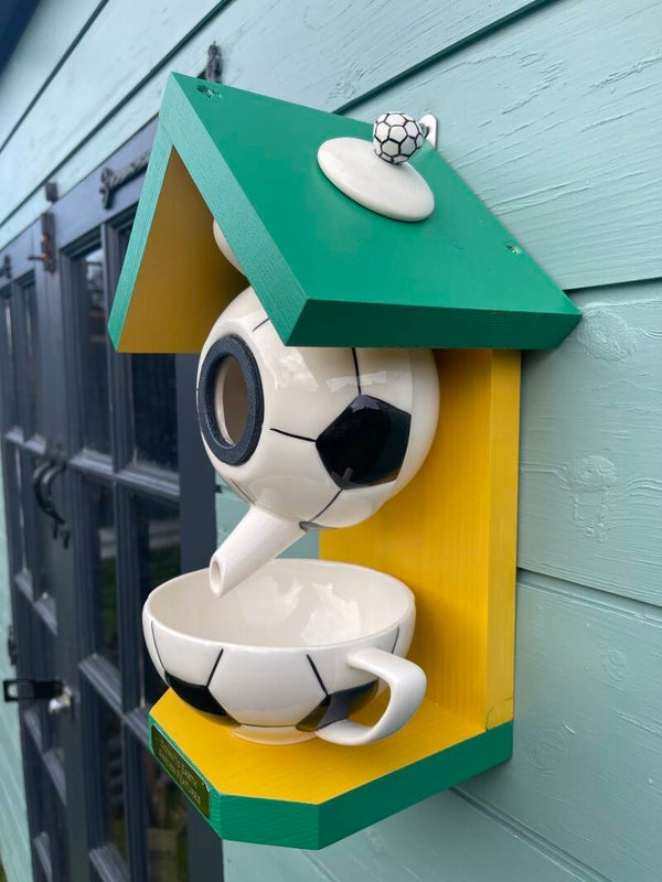 Football themed teapot garden feature bird feeder (yellow & green)