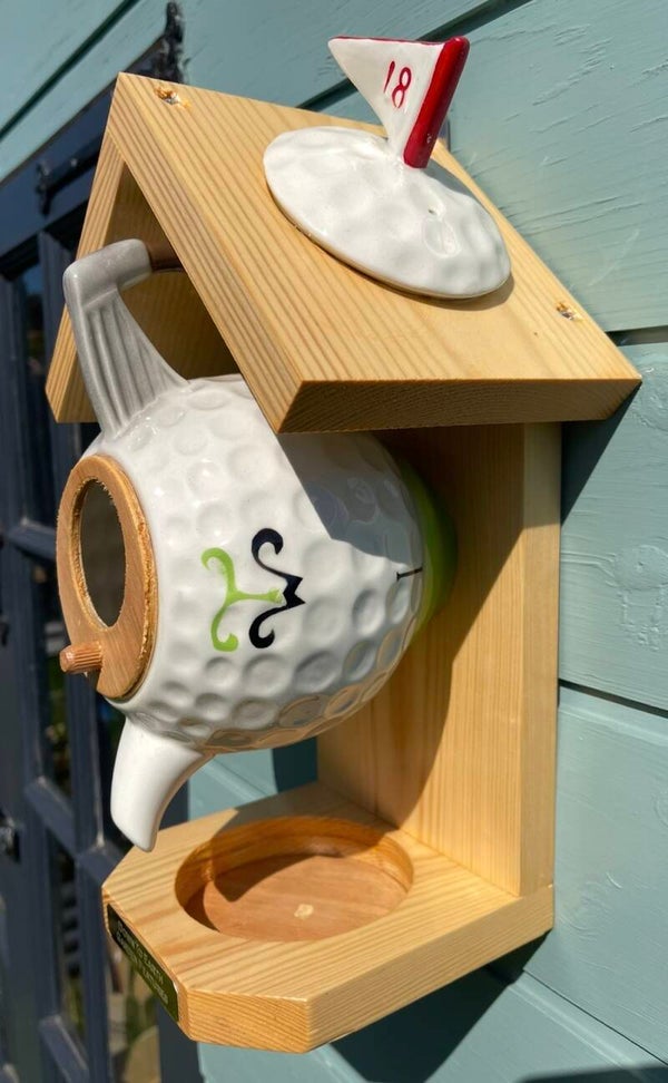 Golf themed teapot bird house / bird feeder