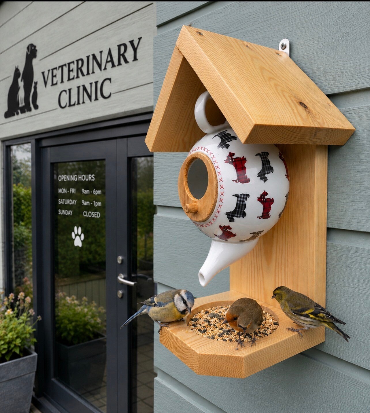 Scottie dog teapot garden feature bird house / bird feeder