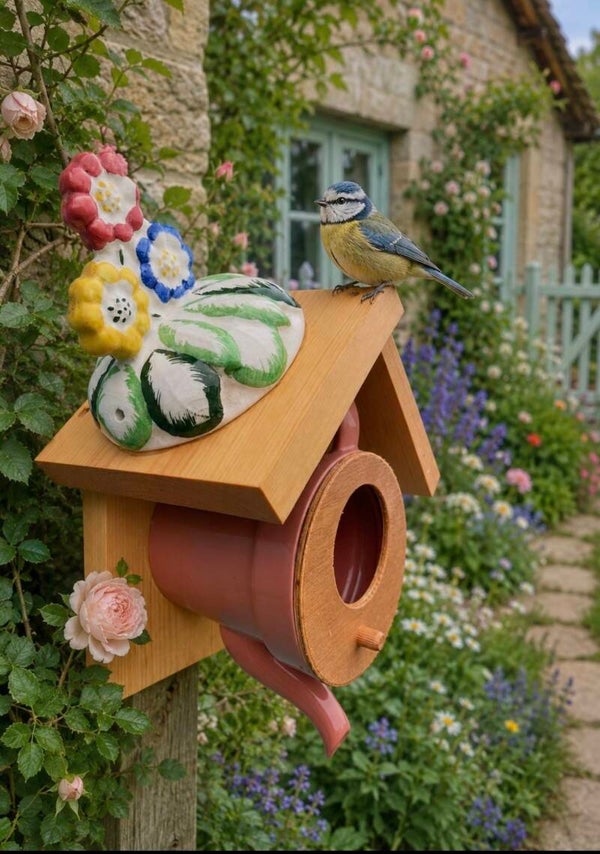 Flower pot teapot bird house garden feature