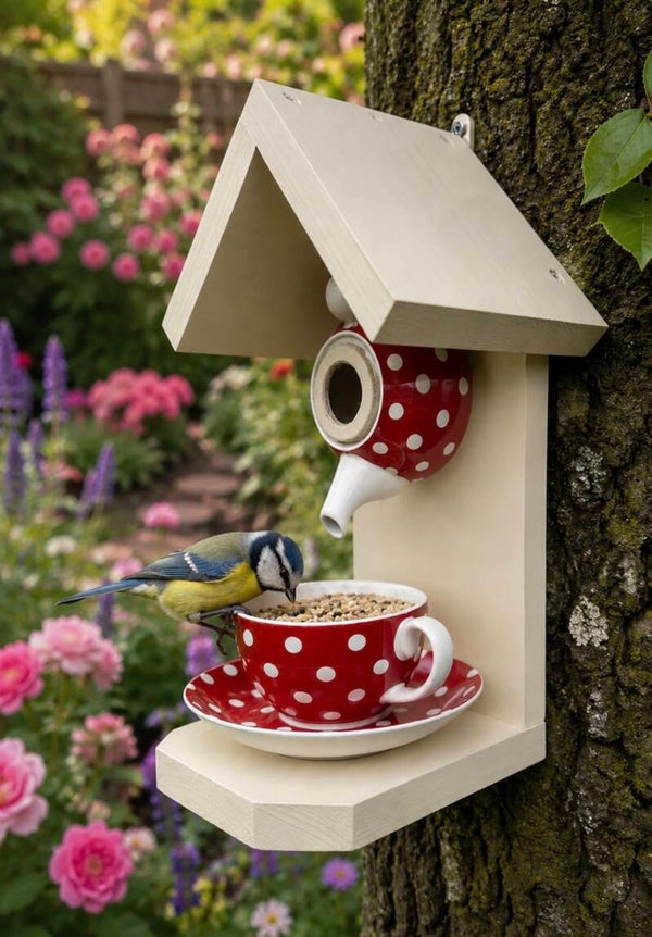 Spotty teapot set garden feature bird feeder