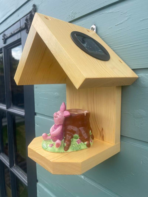 Piglet ceramic egg cup garden feature bird feeder with SOLAR light