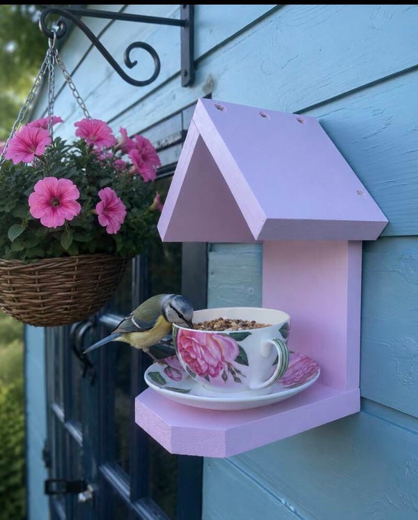Pink floral teacup set garden feature bird feeder