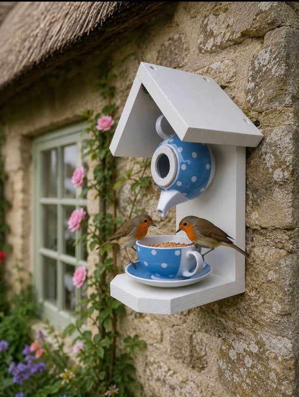 Polka dot teapot set garden feature bird feeder