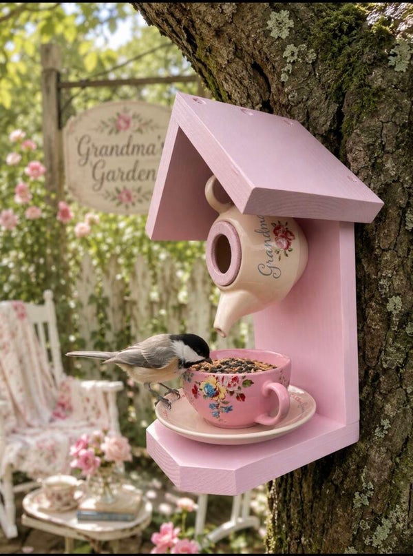 Grandma teapot set garden feature bird feeder