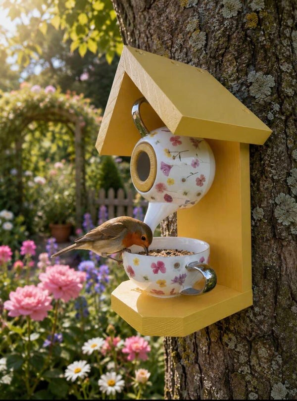Floral teapot set garden feature bird feeder