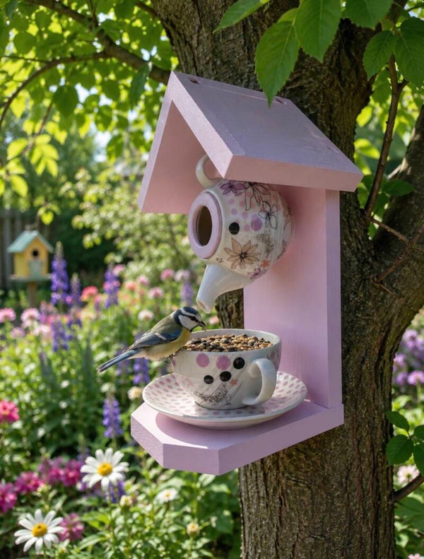 Papercahse floral teapot set garden feature bird feeder