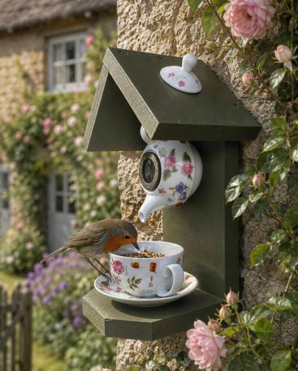 Gardening themed teapot set garden feature bird feeder