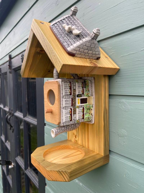 Emmerdale’s wool pack pub teapot garden feature bird feeder