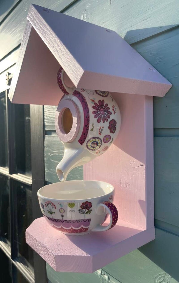 Purple floral teapot set garden feature bird feeder