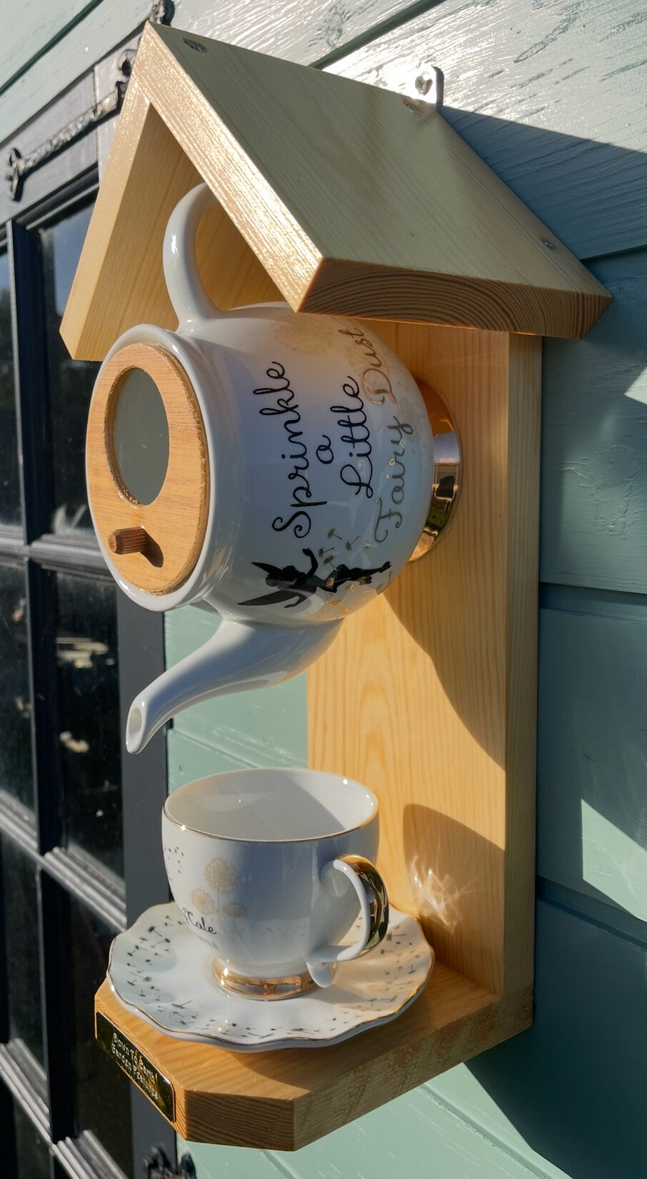 Tinkerbell teapot set garden feature bird house / bird feeder, wood stain finish