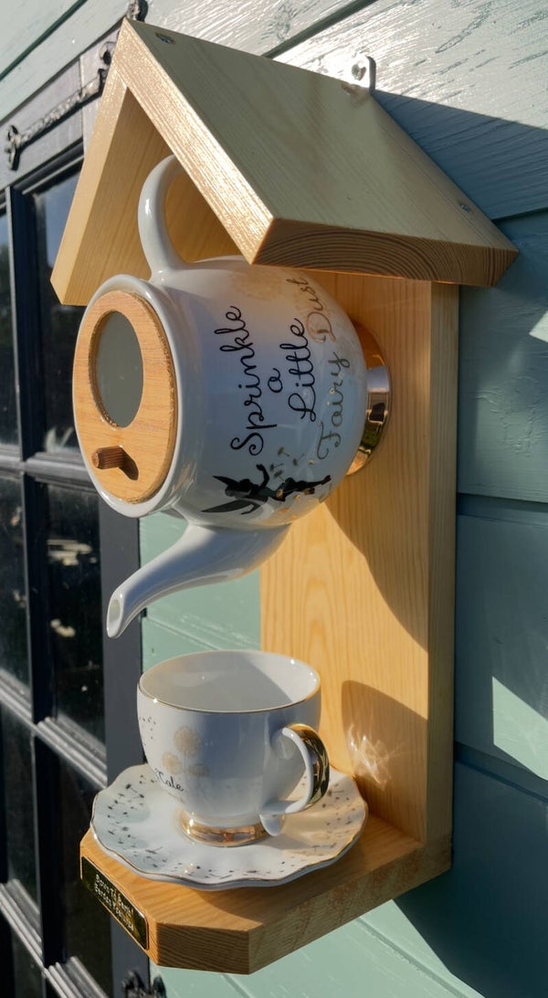 Tinkerbell teapot set garden feature bird house / bird feeder, wood stain finish