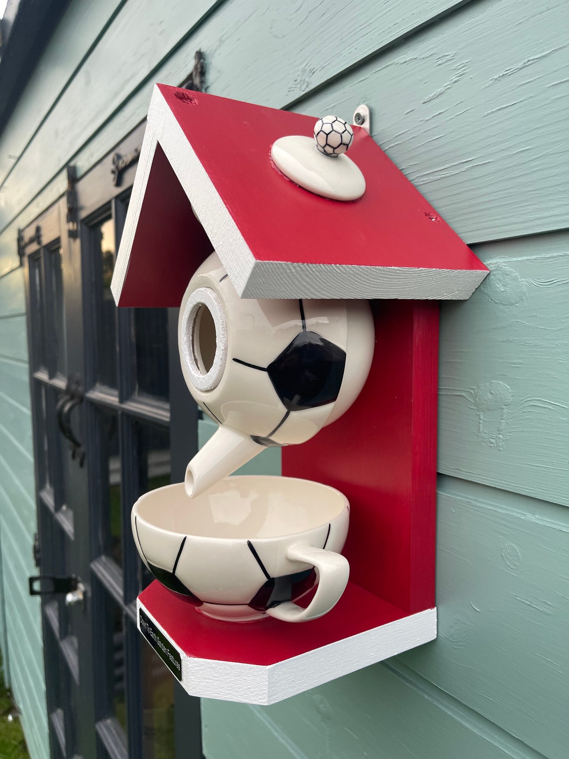 Football teapot set garden feature bird feeder red and white