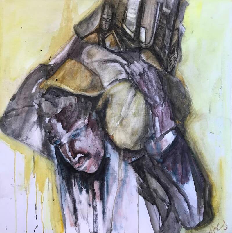 (verkocht) Jongen in kobaltmijn Congo - 90x100 cm. N.a.v. persfoto eigen interpretatie.