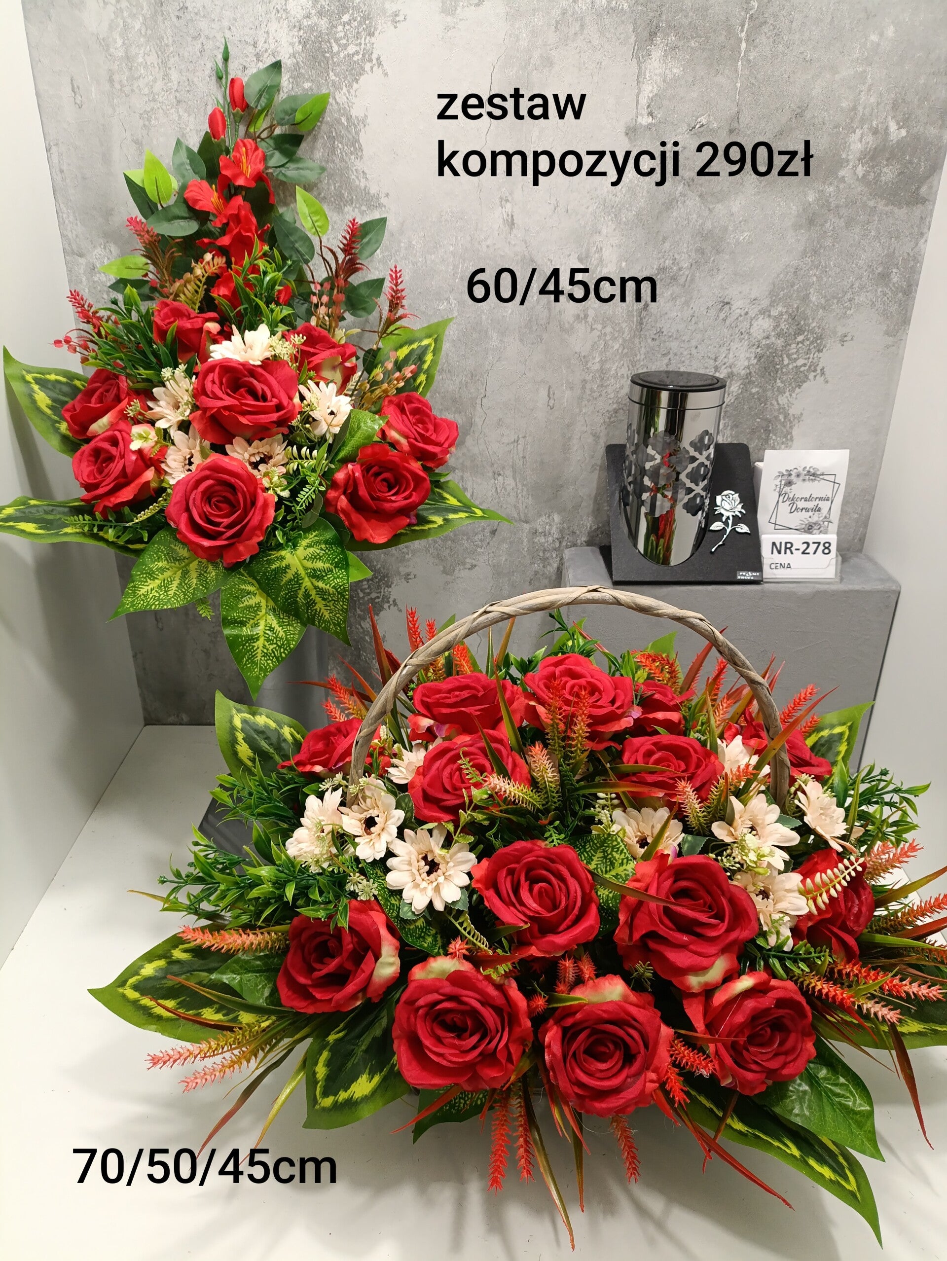 Komplet nagrobny nr 278 Rozmiar XXL duży kosz z czerwonymi różami