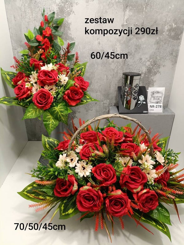 Komplet nagrobny nr 278 Rozmiar XXL duży kosz z czerwonymi różami