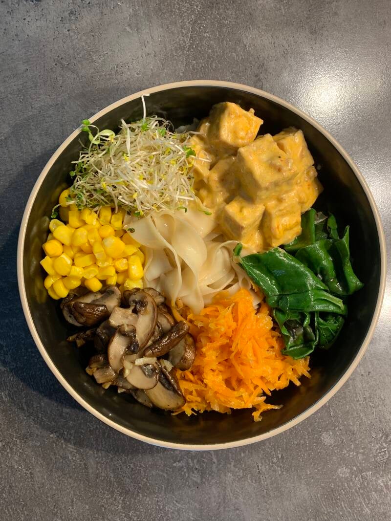 Vegetarish noodles with red curry tofu.