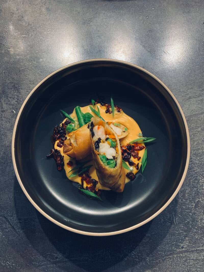 Shrimp spring rolls with 老干妈 (old mother chili oil sauce) cream sauce