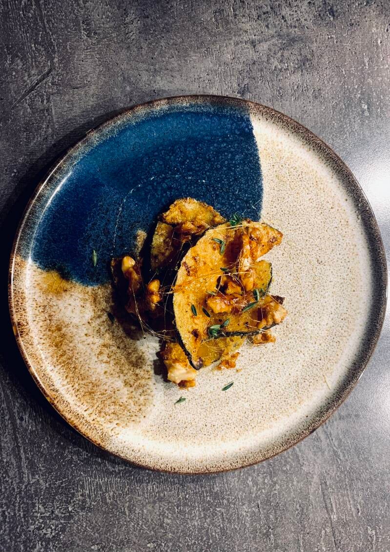 Kabocha pumpkin, salty duck egg yolk, curry and Sichuan pepper powder.