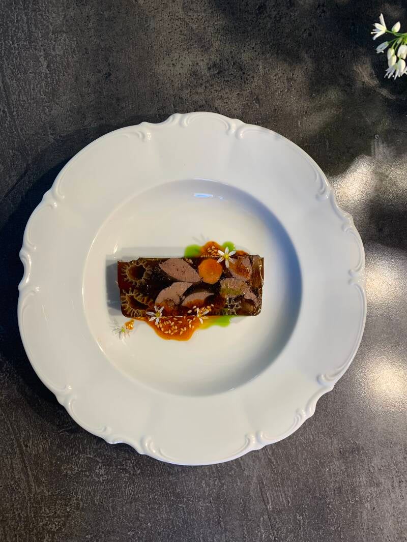 Master stock chicken liver &amp; morel mushroom jelly.
