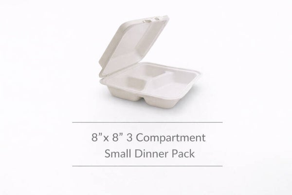 8"x8" 3 Compartment Sugarcane Small Dinner Pack