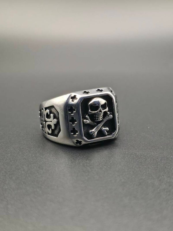 Anello "Steel Brotherhood" con Teschio e Tibie Incrociate in Acciaio
