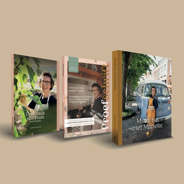 Basisset boeken: 1x De smaak van thuis met Marieke + 1x Kookboek Maak het met Marieke + 1x Proefschrift + 1 set receptkaarten