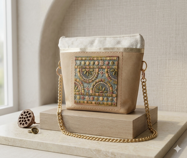 Sac bandoulière en cuir beige « Gina » – Création unique artisanale