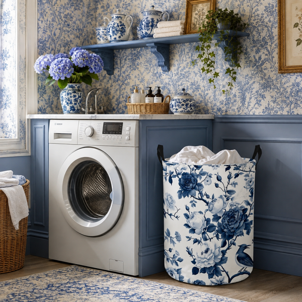Nieuw vintage wasmand blauw -wit met bloemen
