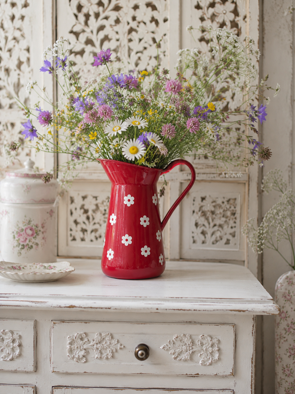 rood emaille kan met madeliefjes
