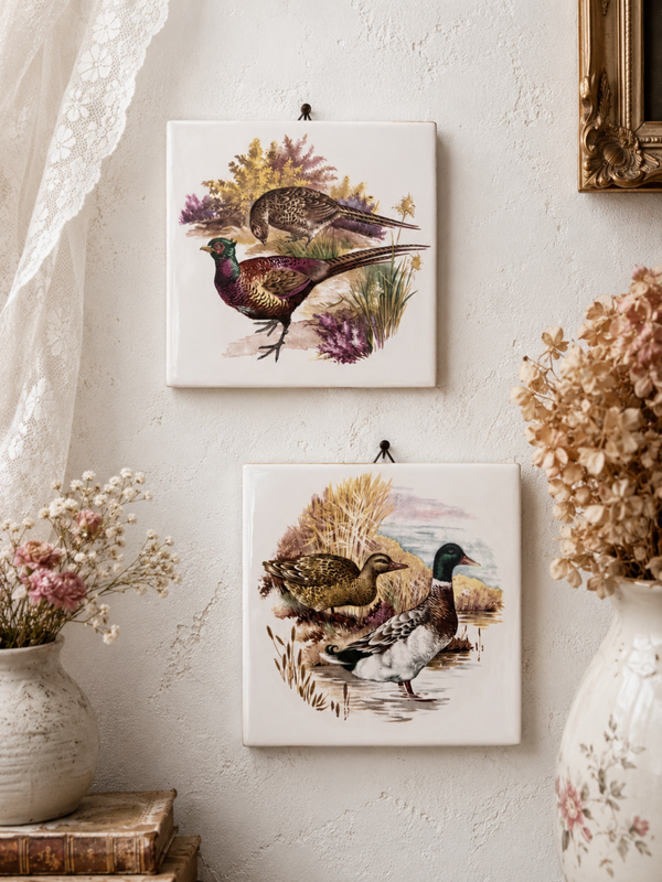 2 vintage wandtegels met vogels