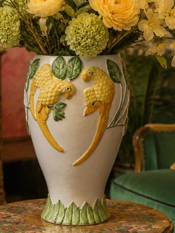 Vintage Barbotine vaas met Papegaaien