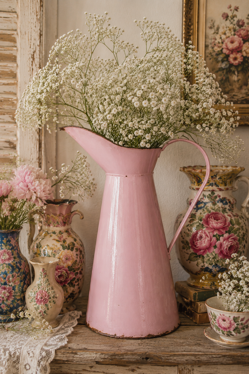Vintage roze emaille kan