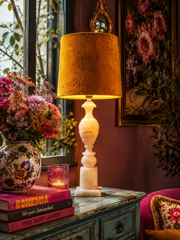 Grote vintage marmeren schemerlamp met oker kap