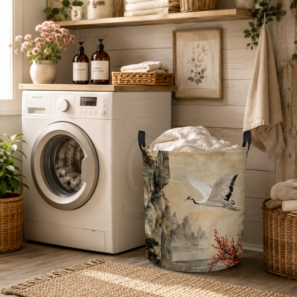 Nieuw vintage wasmand met kraanvogels