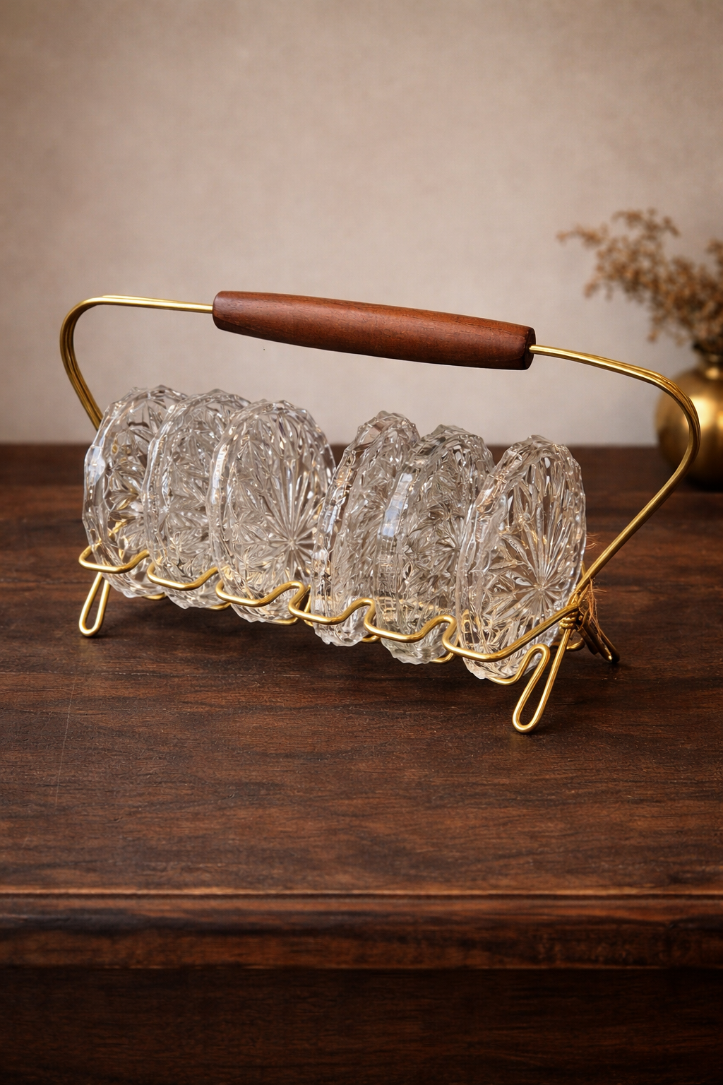 Vintage glazen onderzetters met messing