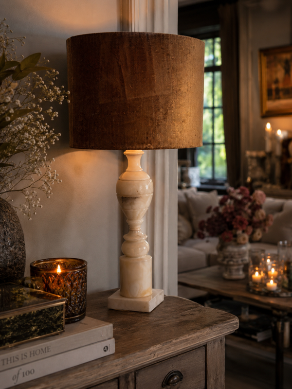 Grote vintage marmeren schemerlamp met oker kap