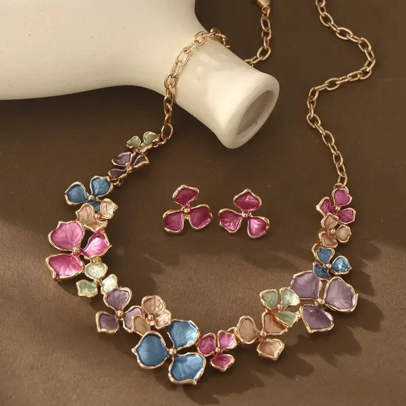 Bloemen Sieradenset – Halsketting & Oorbellen – Multikleur Emaille