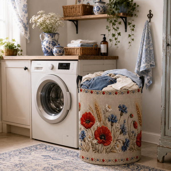 Nieuw vintage wasmand met veldbloemen