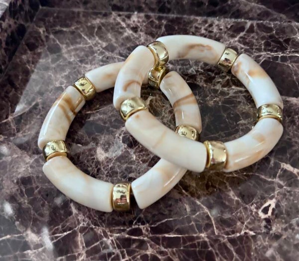 Elastische armband crème marmer met goud